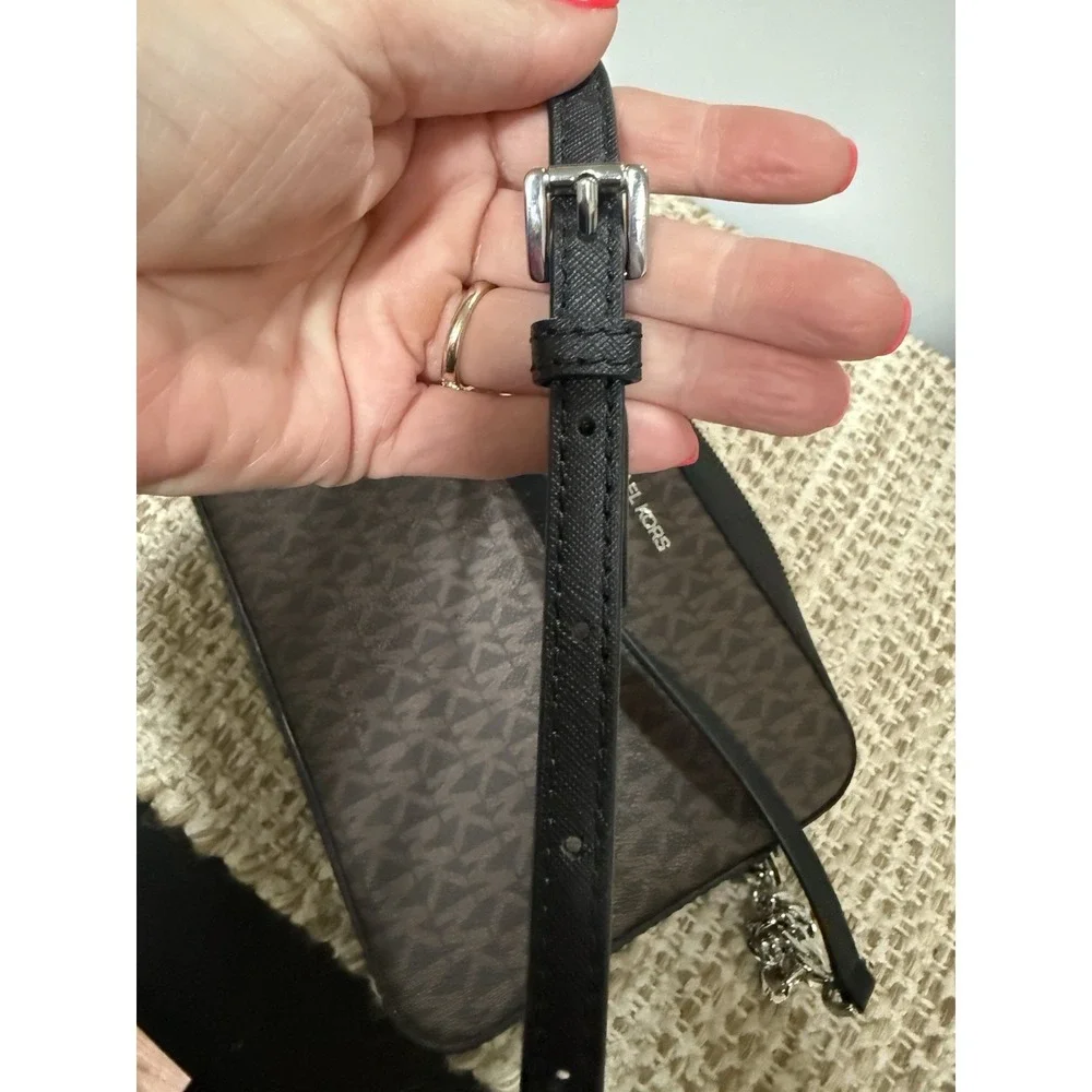 Michael Kors Brown Logo Crossbody Bag Zip, Chain Strap, Adjustable, Silver